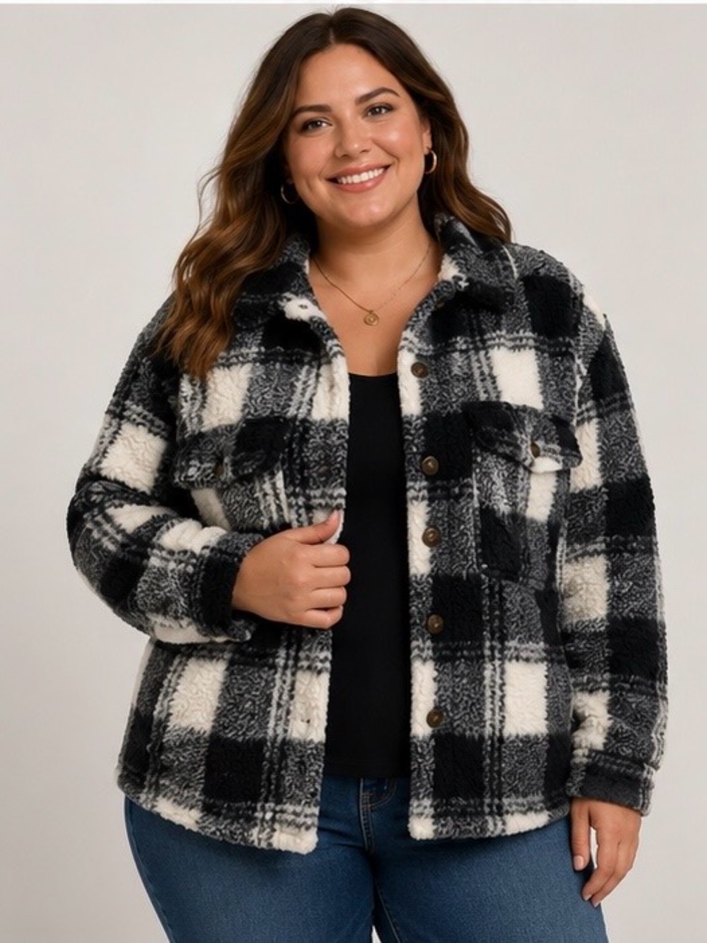 No Boundaries Black & White Plaid Sherpa jacket Size XL NWOT